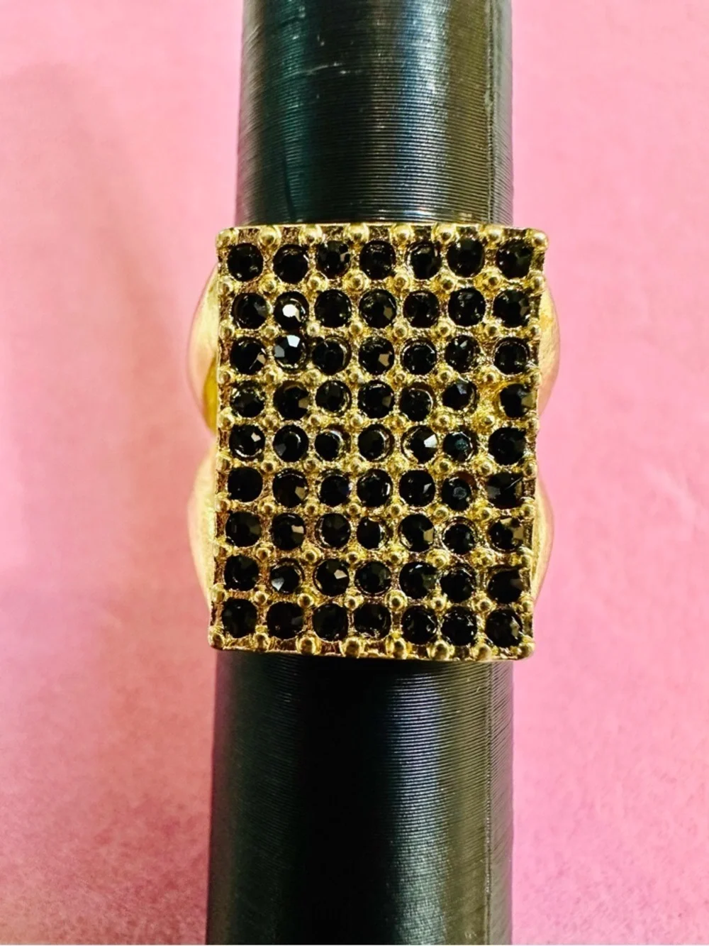 Gold Tone Black Crystal Square Statement Ring Size 9